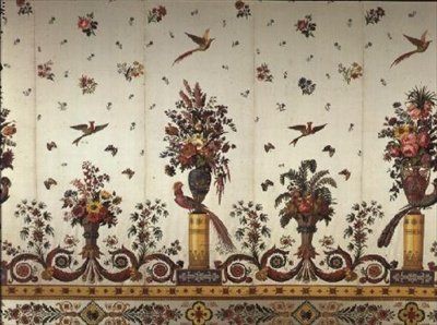 Klasik vazolar ve vazolar, çiçekler ve cennet kuşları, Cousin and Bony, Bissardon, Lyon, 1811 (işlemeli saten) ile tekstil by French School
