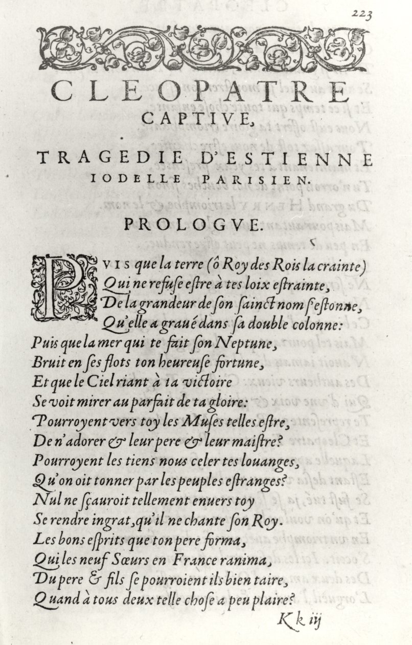 Etienne Jodelle (1532-73) 1574, Kleopatre Esir kitabının başlık sayfası by French School