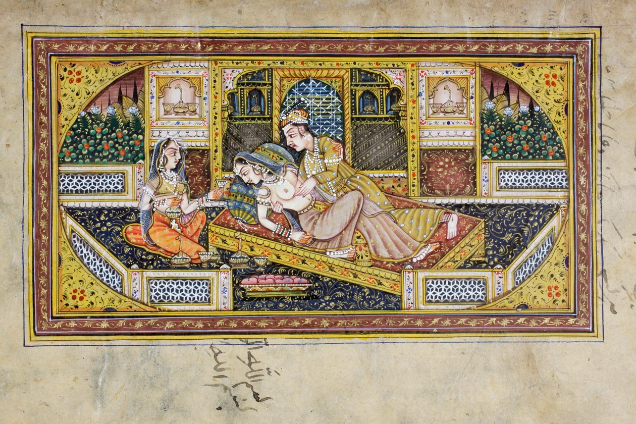 Bir adam, bir yatak odası sahnesinde bir kadına kur yapıyor, Rajasthani minyatür tablosu (kağıt üzerinde wc) by Indian School