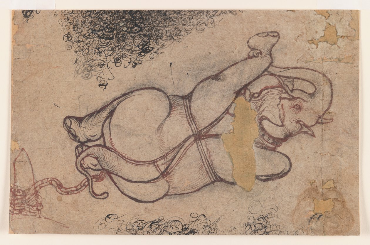 Zincirli fil, c.1780 (kağıt üzerinde kırmızı ve siyah) by Indian School