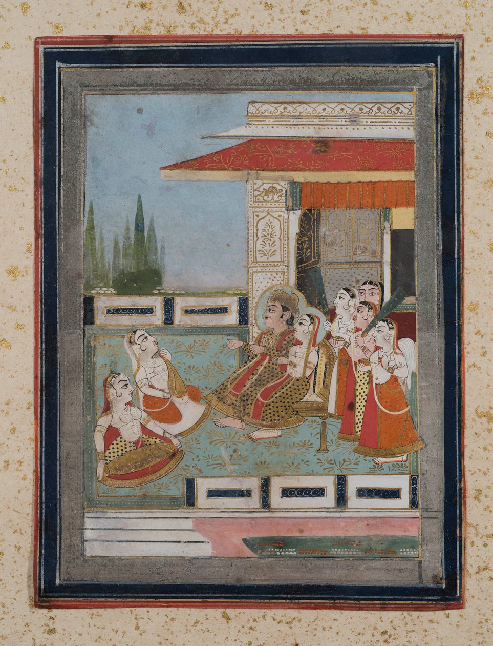 Prens ve Prenses müzisyenleri dinliyor, 1840 dolayları (kağıt üzerine guaj, altın işlemeli) by Indian School