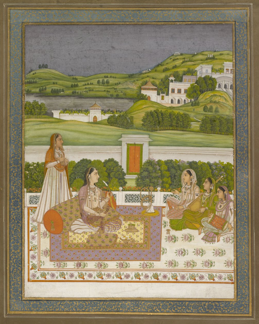 Müzik Dinleyen Prenses, 1775-80 (kağıt üzerine altın ve gümüş ile guaj boya) by Indian School