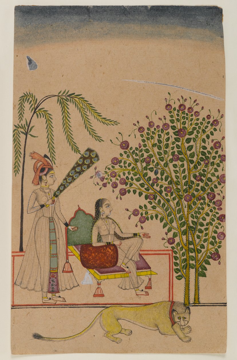 Oturan Prenses, Refakatçi ve Aslan, c.1750 (kağıt üzerinde opak klozet) by Indian School