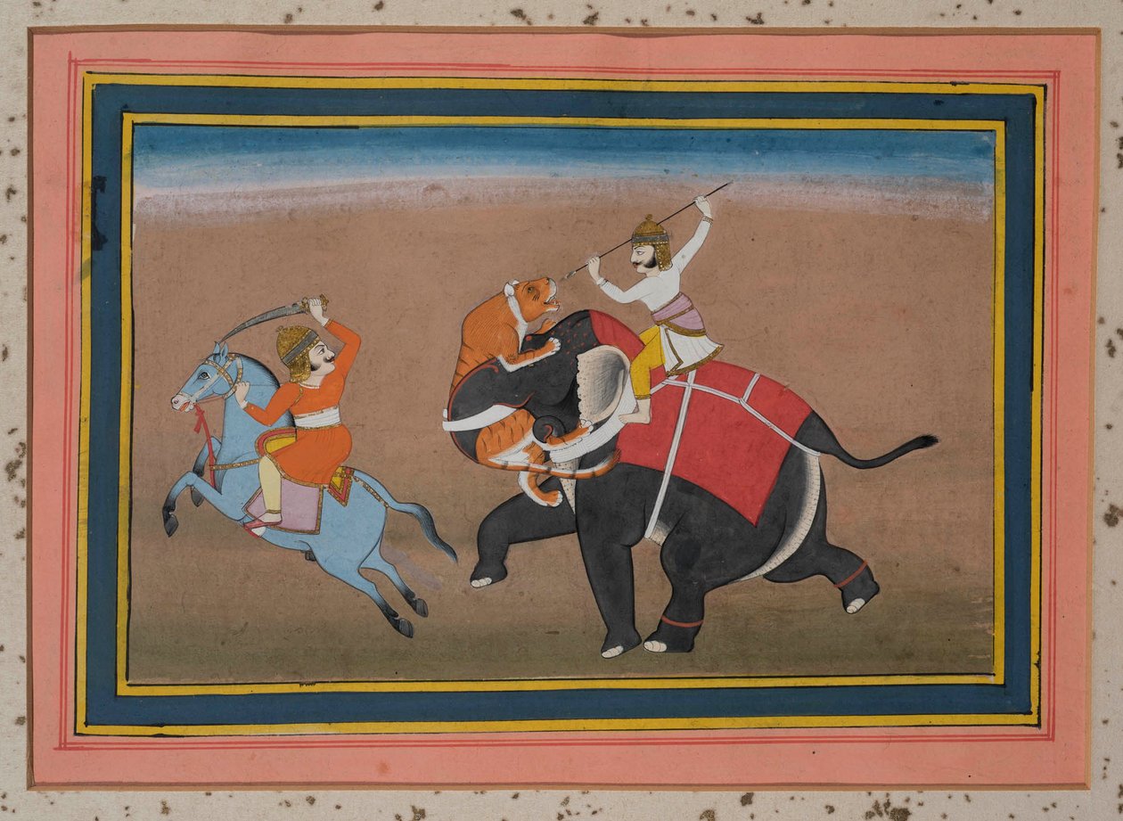 Bir file saldıran kaplan (kağıt üzerinde guaj, altın süsleme) by Indian School