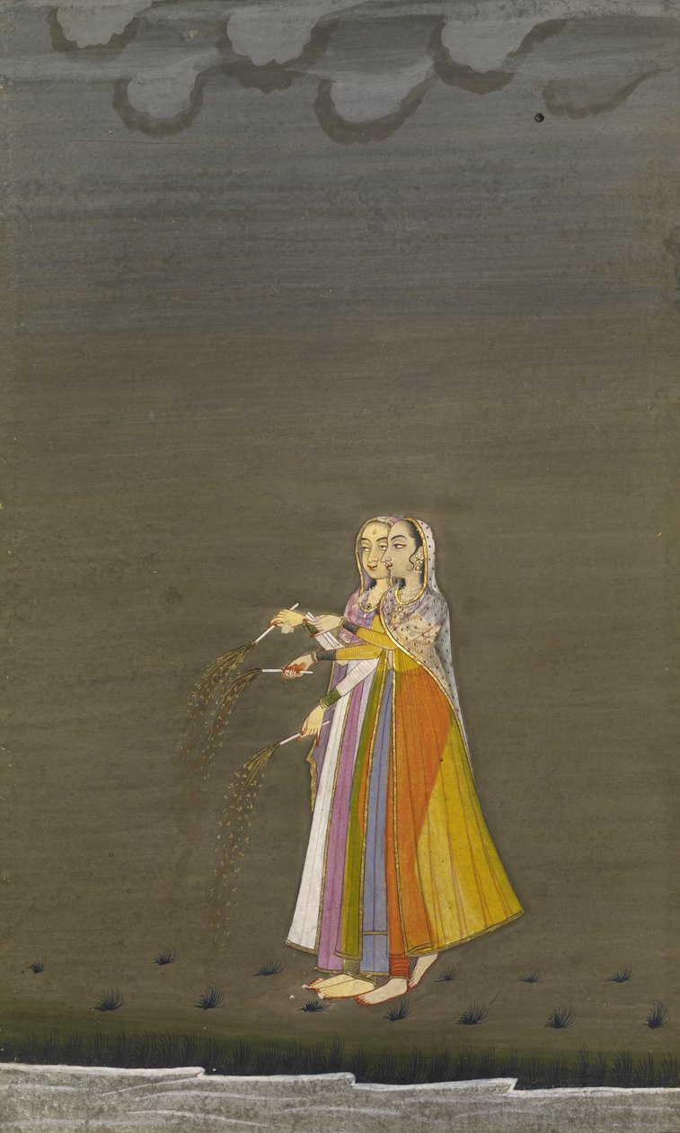 Diwali Festivali Gecesi Bir Derenin Yanında Maytaplı İki Nautch Kız, Bikaner stili, 1790-1800 (albüm yaprağı; kağıt üzerinde gümüş ve altın ile guaj) by Indian School