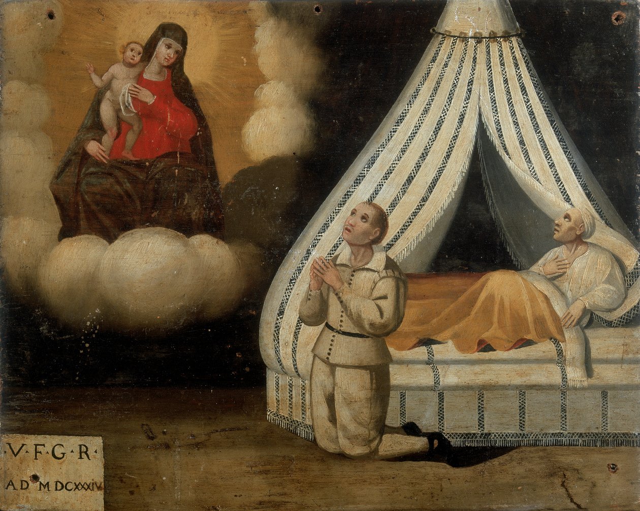 Bir hastalık sırasında yatakta bir adam; solda, aldığı lütuf için Kemerli Madonna
