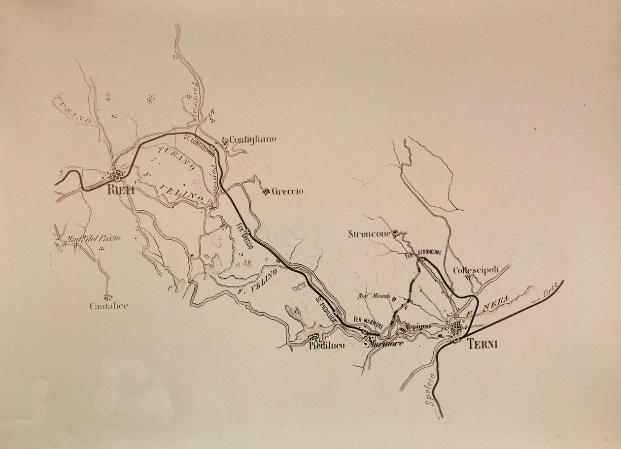 Societa Italiana for the southern railway tracks: map of the Terni-Rieti railway line, 1883  by Italian School