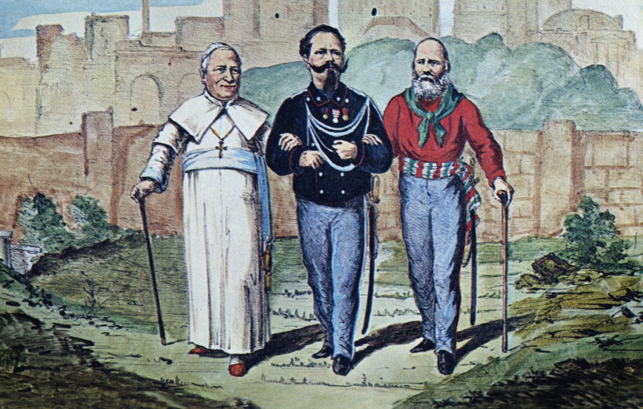 The Perfect Trinity: Papa Pius IX, Victor Emmanuel II ve Garibaldi, 1870 (sulu boya baskı) by Italian School