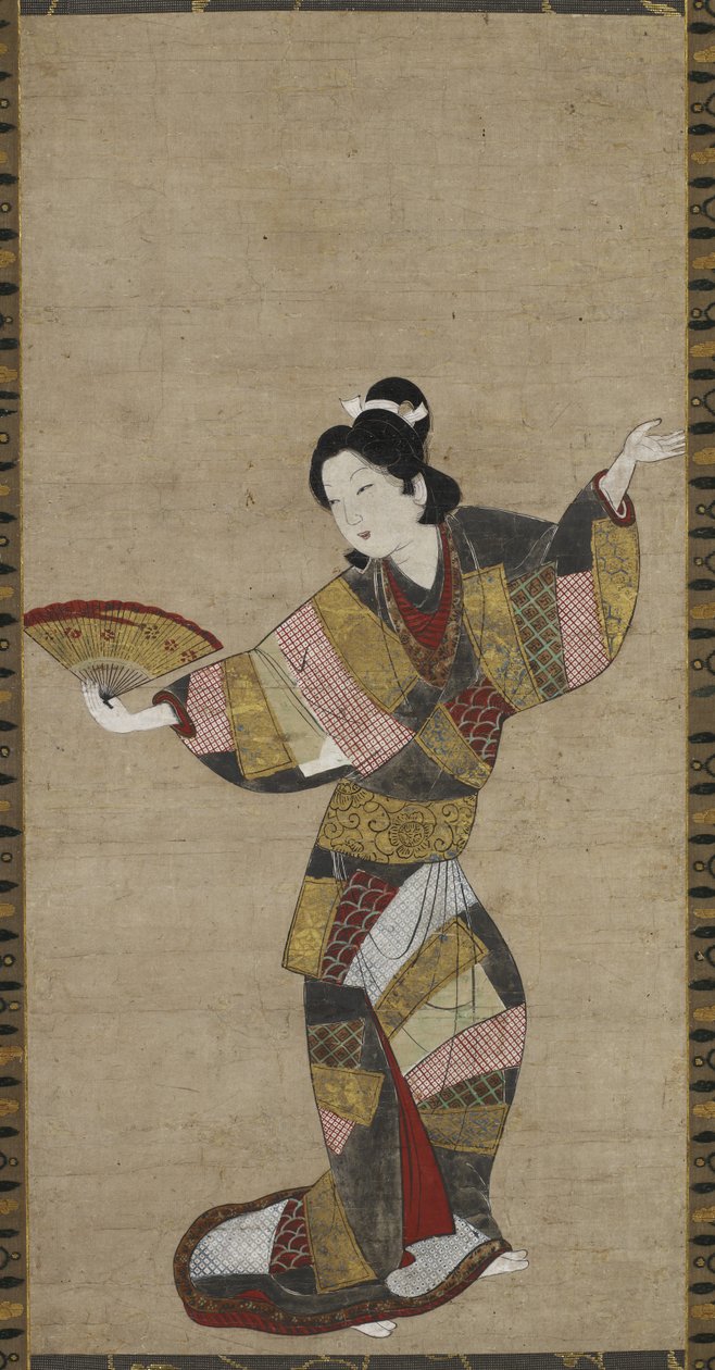 Fanlı Dansçı, c. 1640-1650 (kağıt üzerinde mürekkep, renkli, altın ve kabuk beyazı) by Japanese School