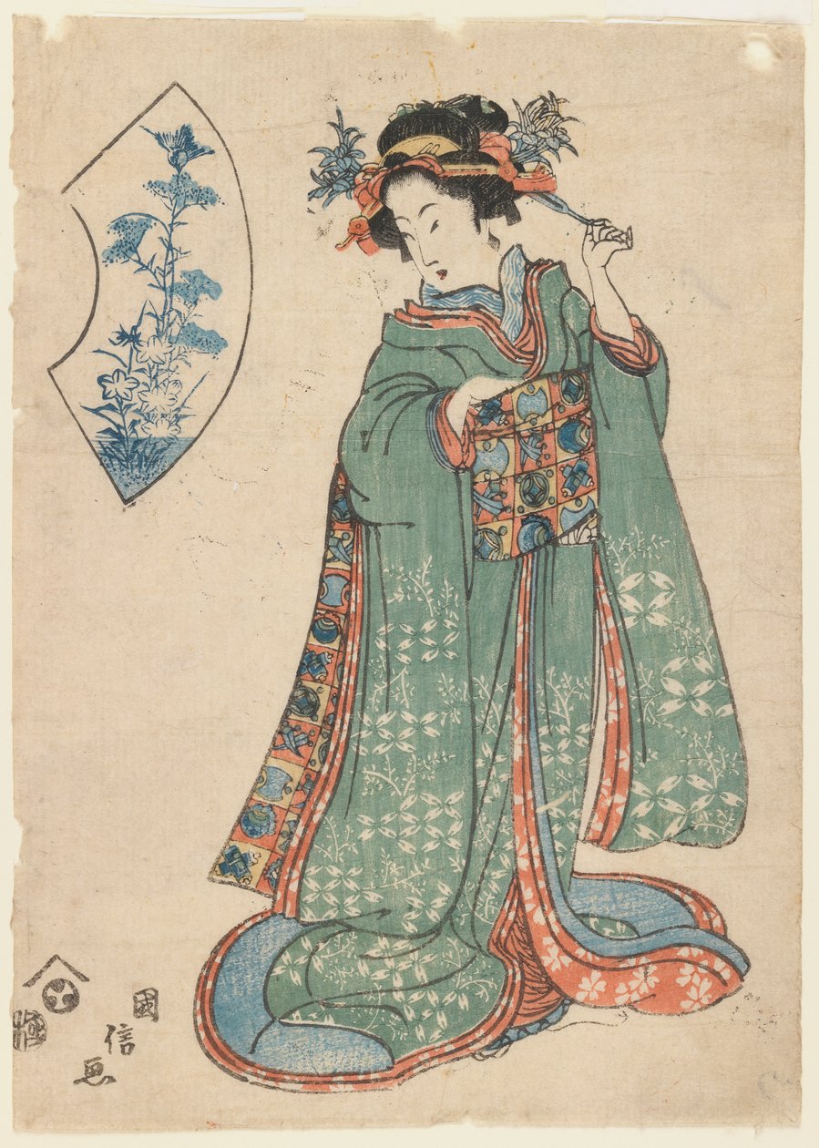 Kuninobu, Saç Süsünü Bağlayan Kadın, 1815-1820 dolayları (tahta baskı) by Japanese School
