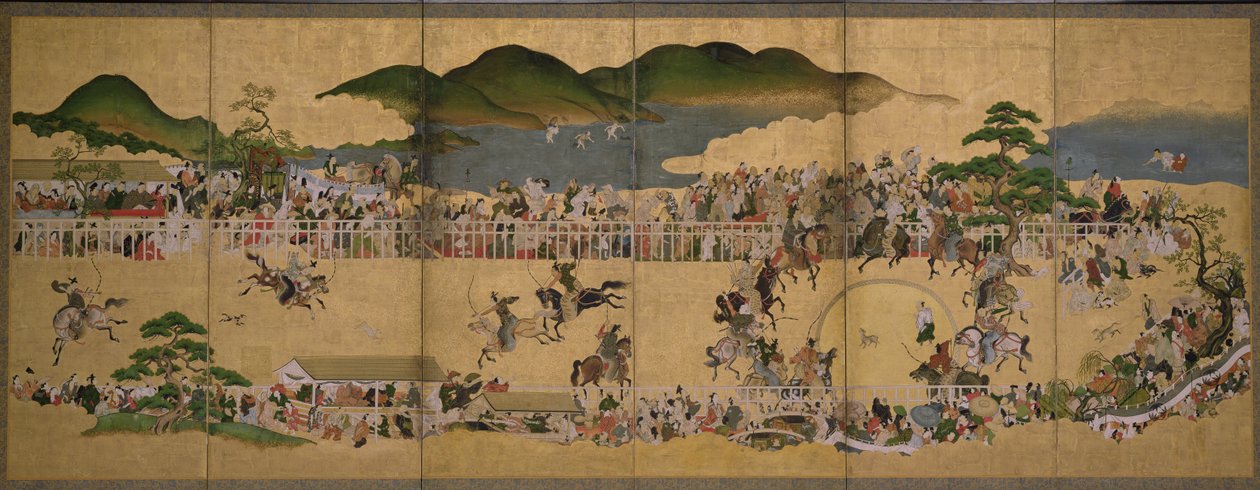 Köpek Kovalama Yarışmasını Betimleyen Altı Katlı Ekran, Japonca, 1624-43 (kağıt üzerinde mürekkep, boya ve altın) by Japanese School