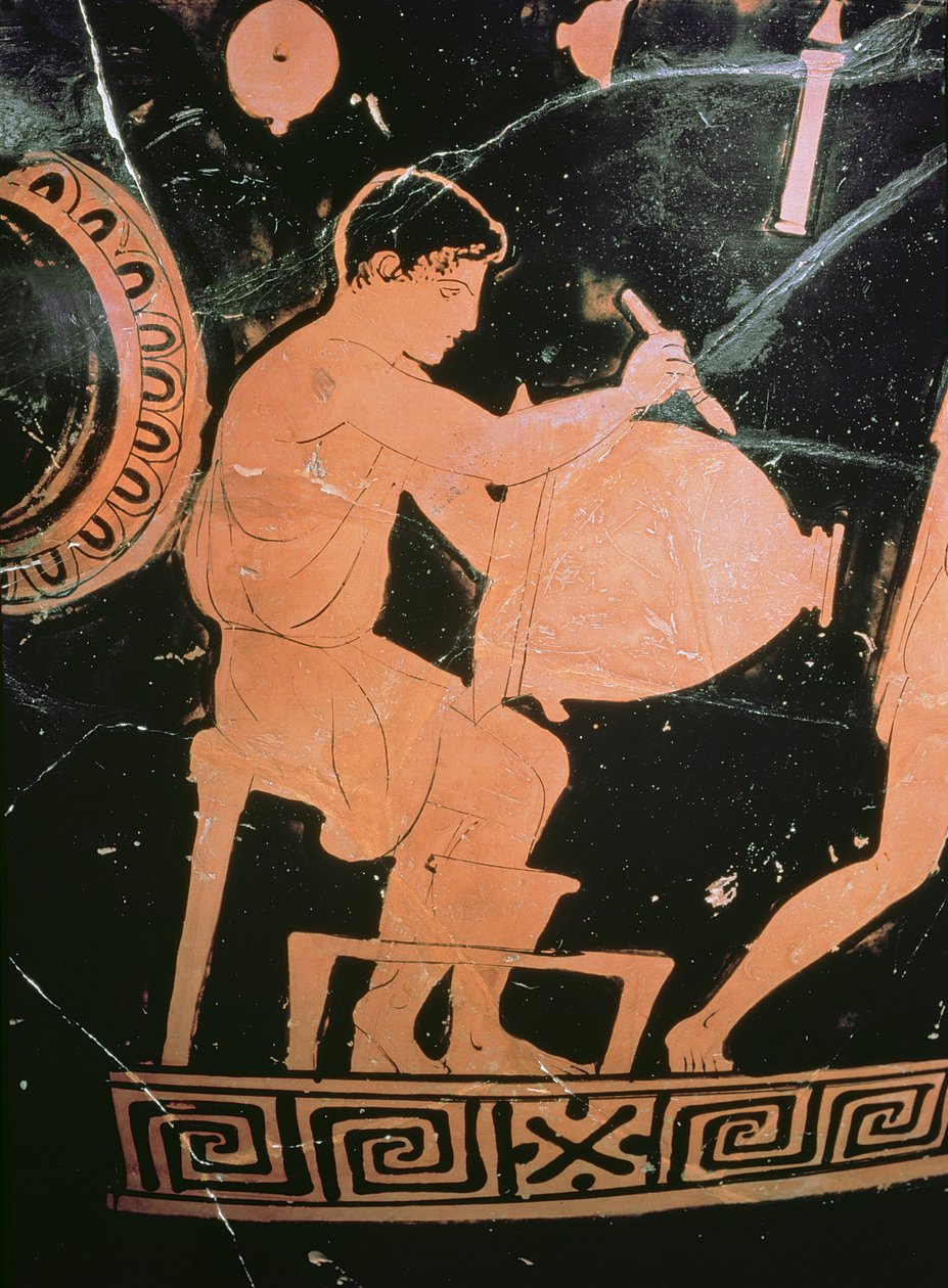 Tavan arası kırmızı figürlü çan krateri, çan kraterini boyayan bir çömlekçiyi gösteren detay, MÖ 430-425 dolayları (seramik) (100556