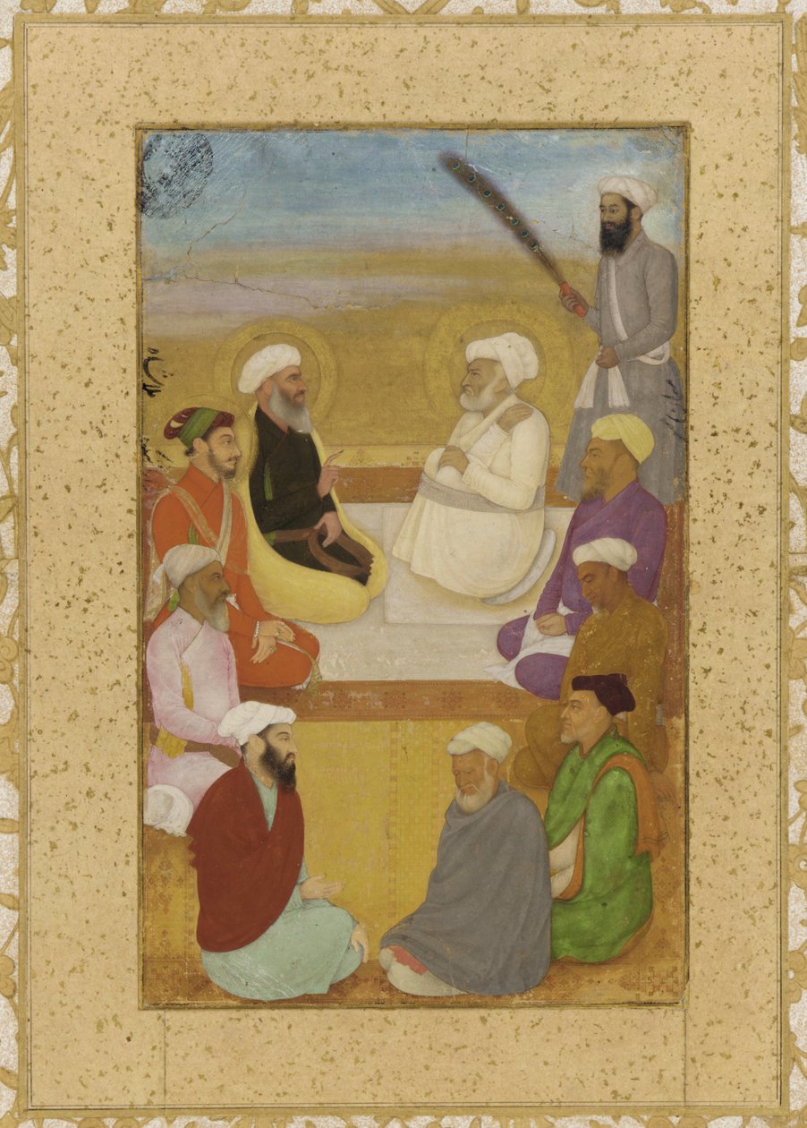 Dara Shikoh, Mian Mir ve Mulla Shah ile, resimli müstakil albüm folyosu, c.1640 (kağıda monte edilmiş kağıt üzerine opak suluboya, mürekkep ve altın) by Mughal School