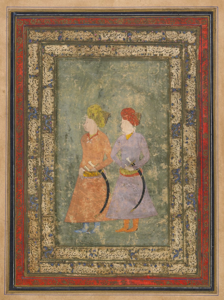 İki Pers soylusu, resimli müstakil albüm folyosu, 17. yüzyıl ortası (kağıt üzerine opak suluboya, mürekkep ve altın) by Mughal School