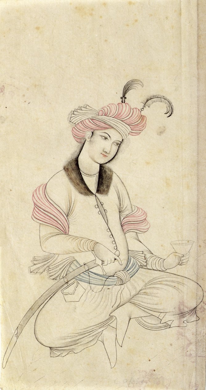 Diğer eliyle kılıcının kabzasında şarap kadehi tutan bir İranlı genç, 17. yüzyıl başlarından İsfahan'dan bir orijinalden sonra, 1825-35 dolayları (kalem, mürekkep ve kağıt üzerinde yıkama) by Persian School