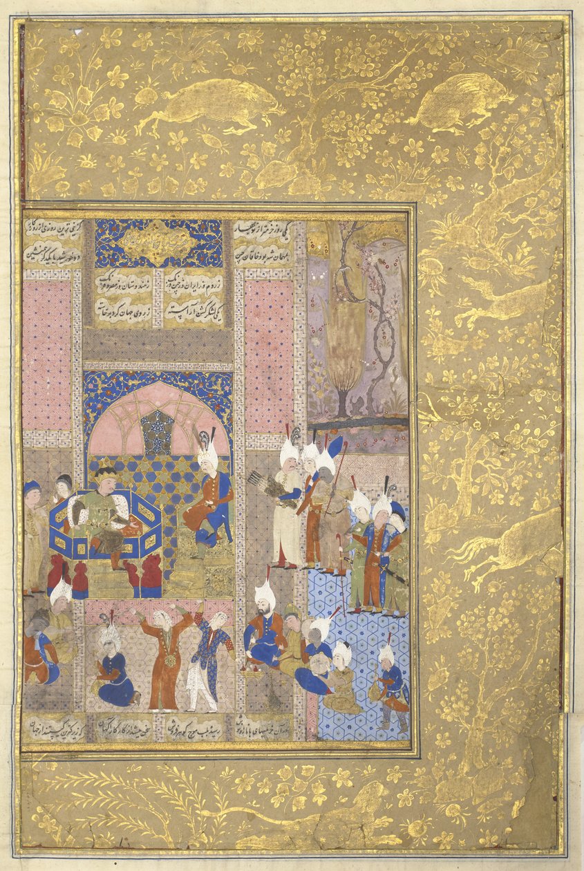 Alexander Çin İmparatoru ile Şölen, c.1525-50 (parşömen üzerine mürekkep, wc ve altın) by Persian School