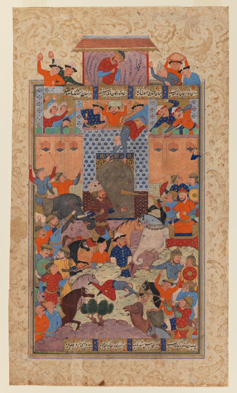 İranlılar Afrasiyabs Kalesi'ni Ele Geçiriyor, Shanameh'ten bir yaprak (kağıt üzerinde mürekkep ve opak tuvalet) by Persian School