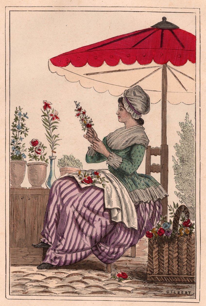 Bir Çiçek Kız, şemsiyenin altında oturuyor, kırmızı çiçek buketleri yapıyor (renkli oyma) by Unknown