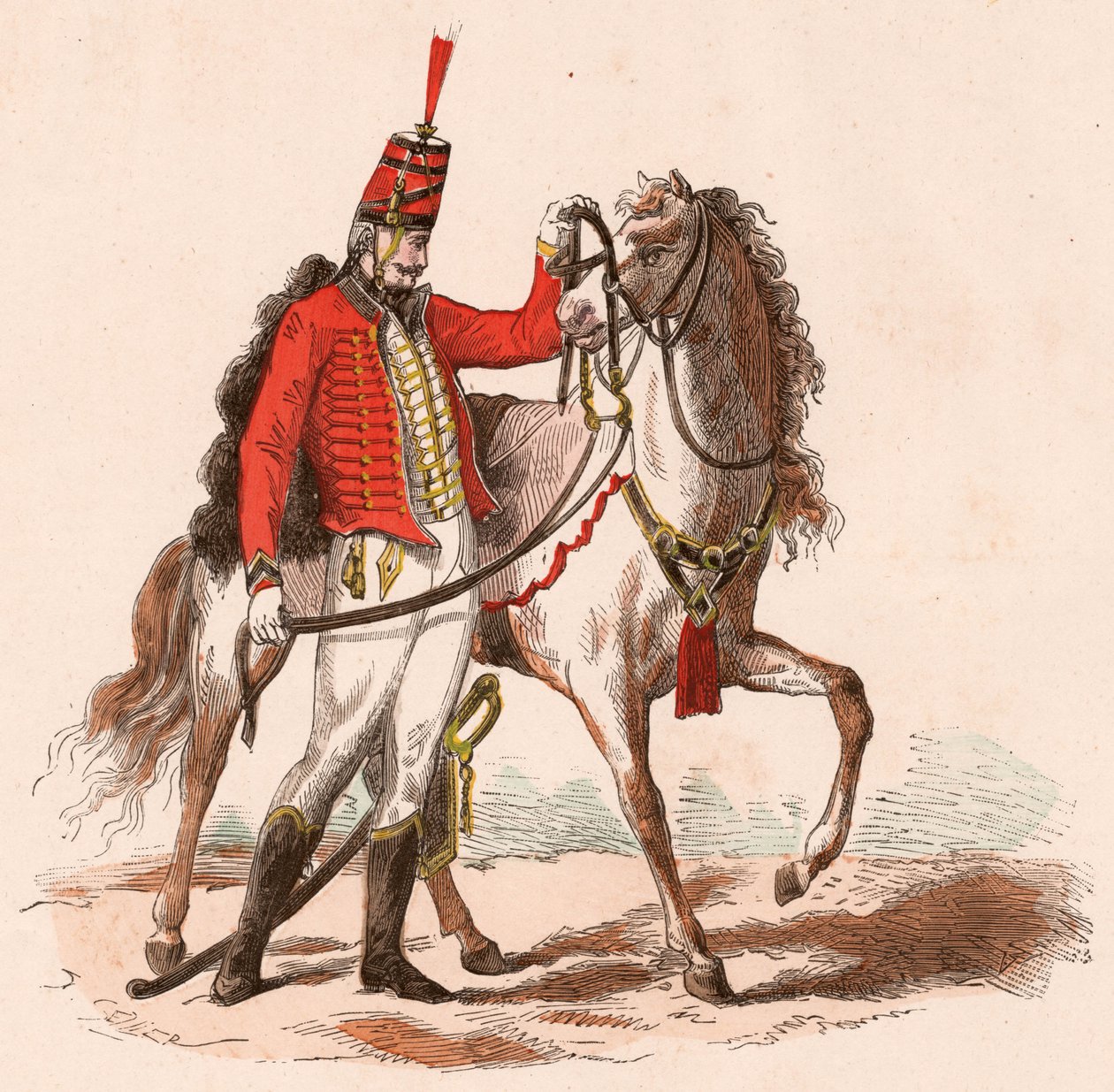 Atının yanında duran üniformalı bir Fransız hafif süvari eri (renkli gravür) by Unknown