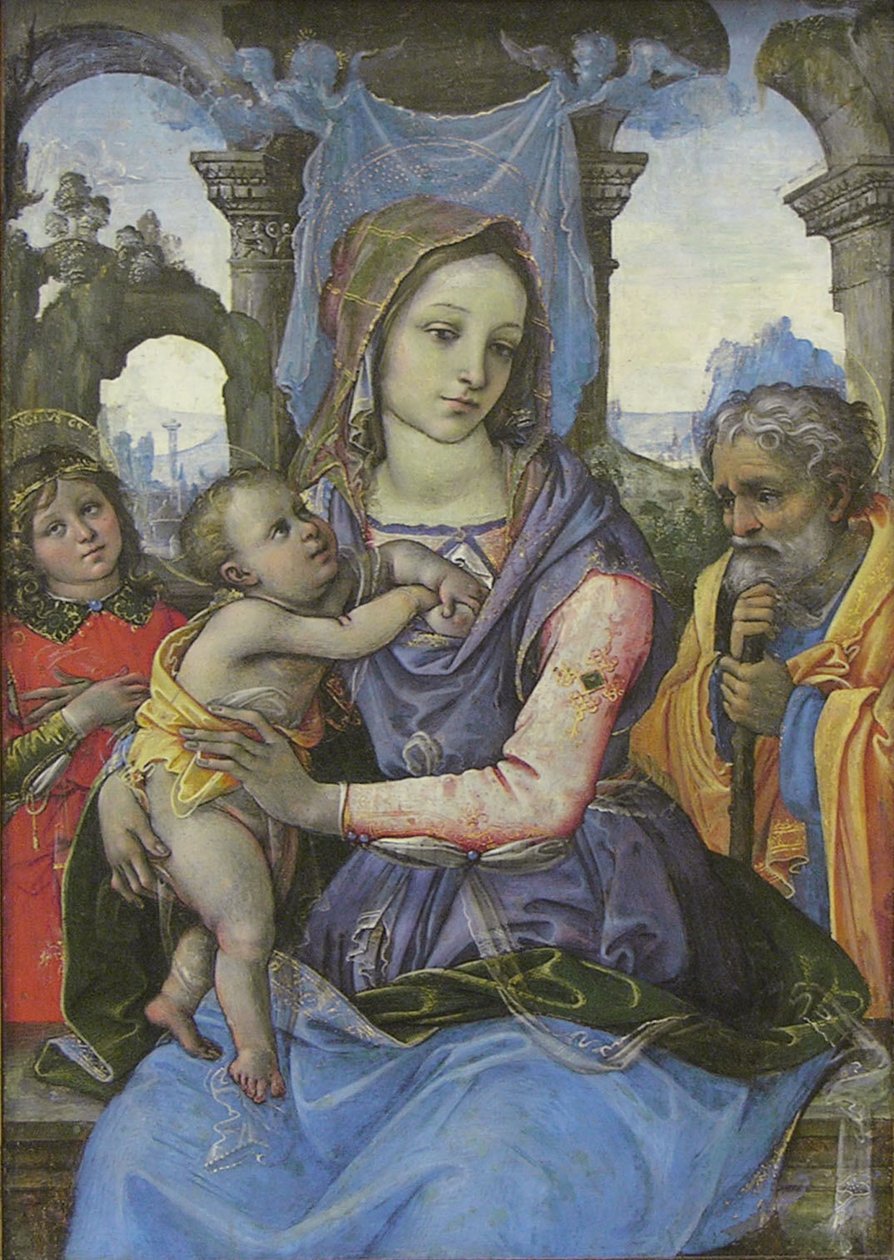 Aziz Joseph ve Melek ile Madonna ve Çocuk, yaklaşık 1490 (tuval üzerine tempera, ahşaptan aktarılmış) by 1476 1524 Capponi