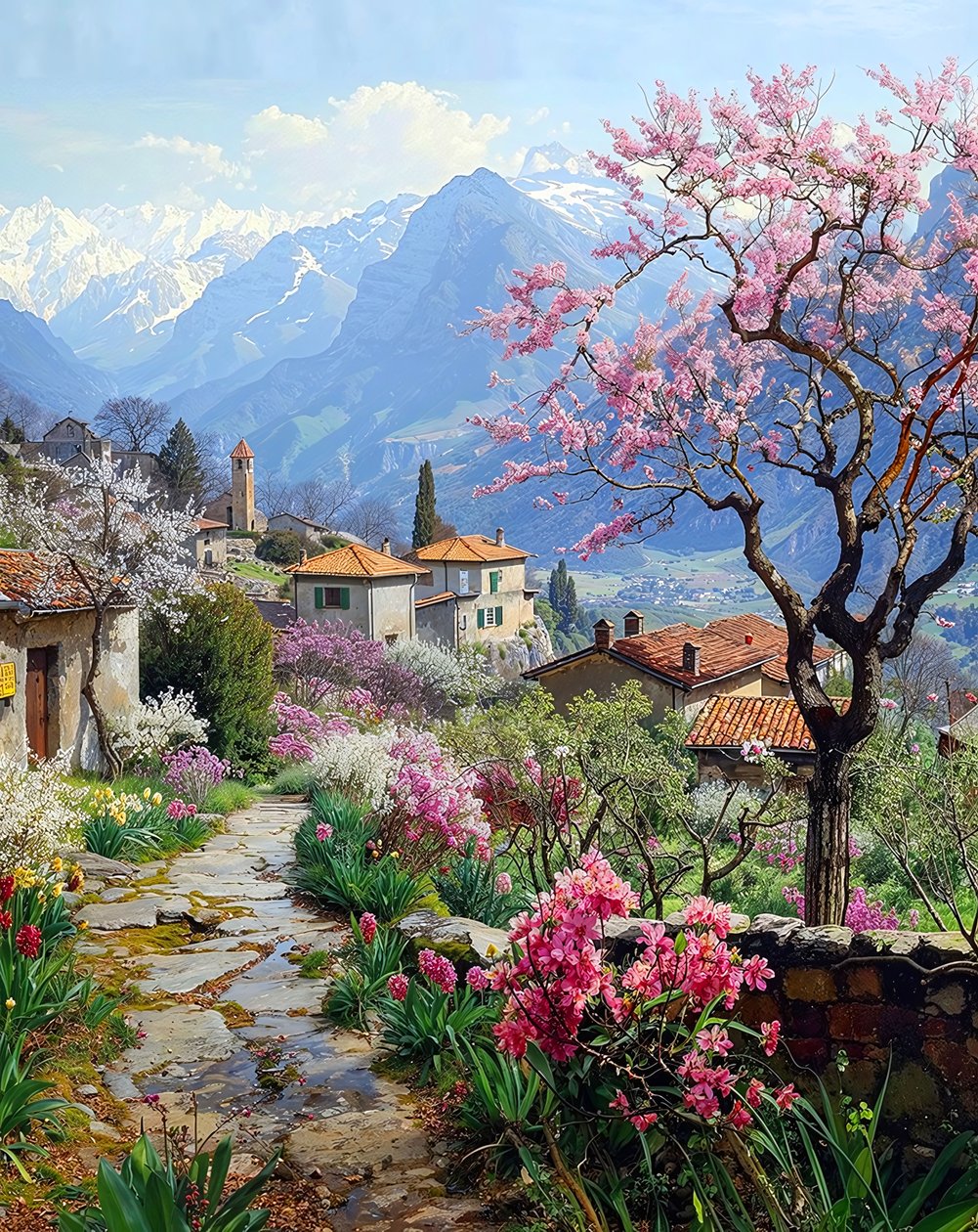 Dağlık bir arazide çiçekli bitkilerle çevrili güzel bir köy by F. Abderrahim