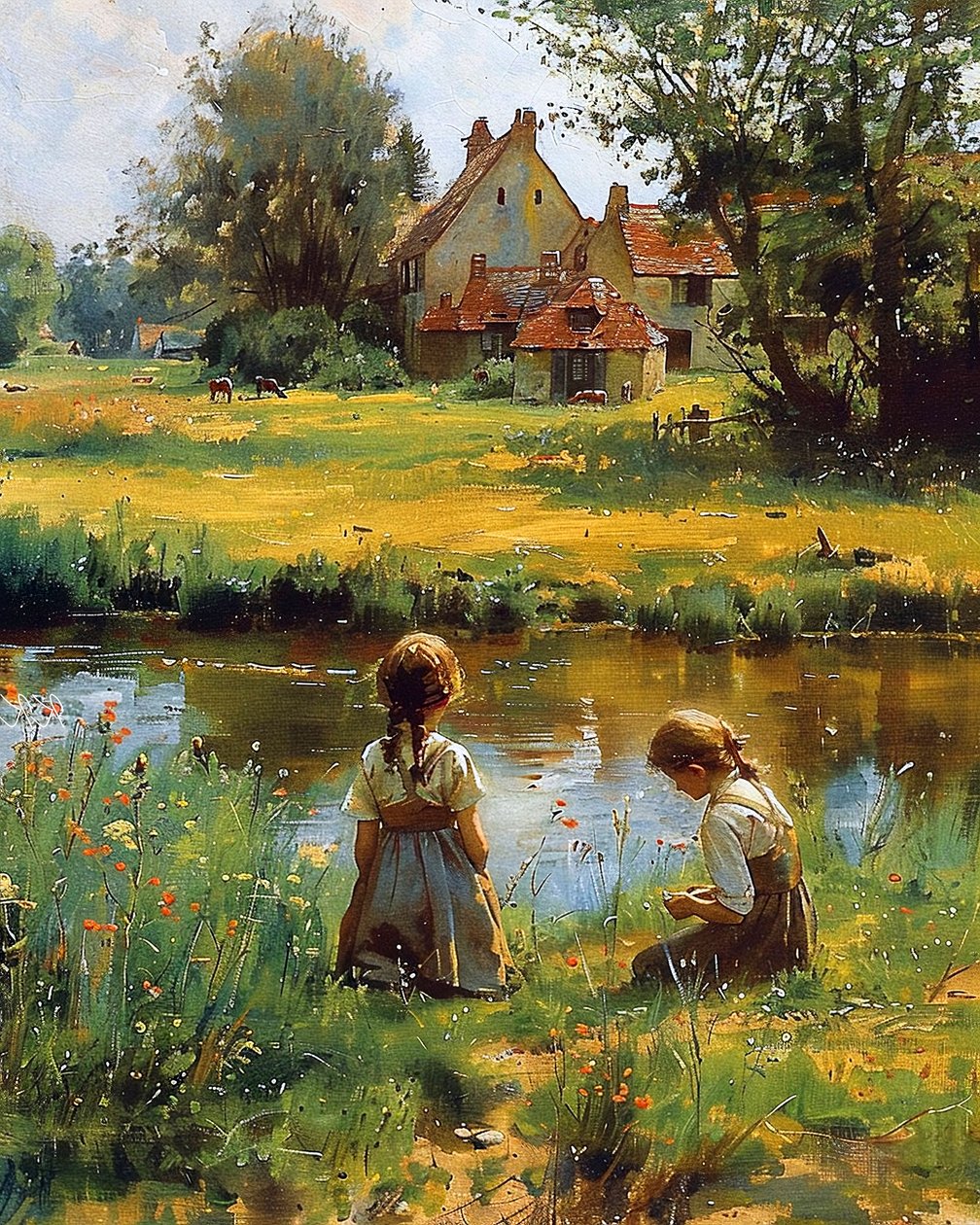 Kırsalda evin dışında oynayan çocuklar, kanvas tablo by F. Abderrahim