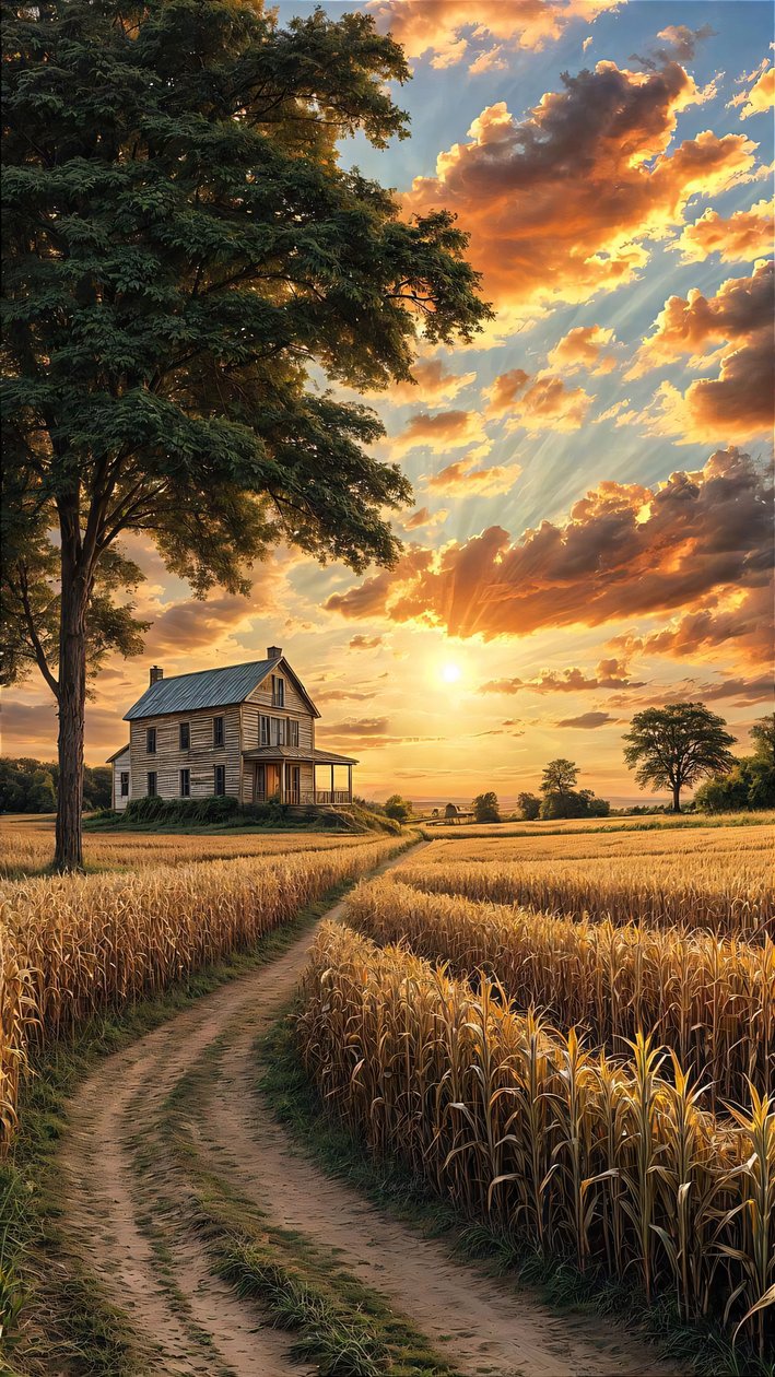 Toprak yol üzerinde, mısır tarlasıyla çevrili bir kır evi, duvar dekoru by F. Abderrahim