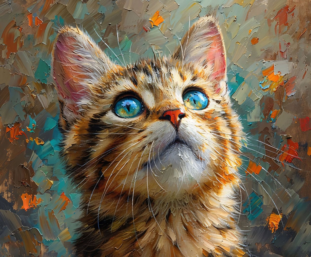 Mavi gözlü sevimli bir kedi yukarı bakıyor, yakın çekim hayvan yüzü, duvar dekoru by F. Abderrahim