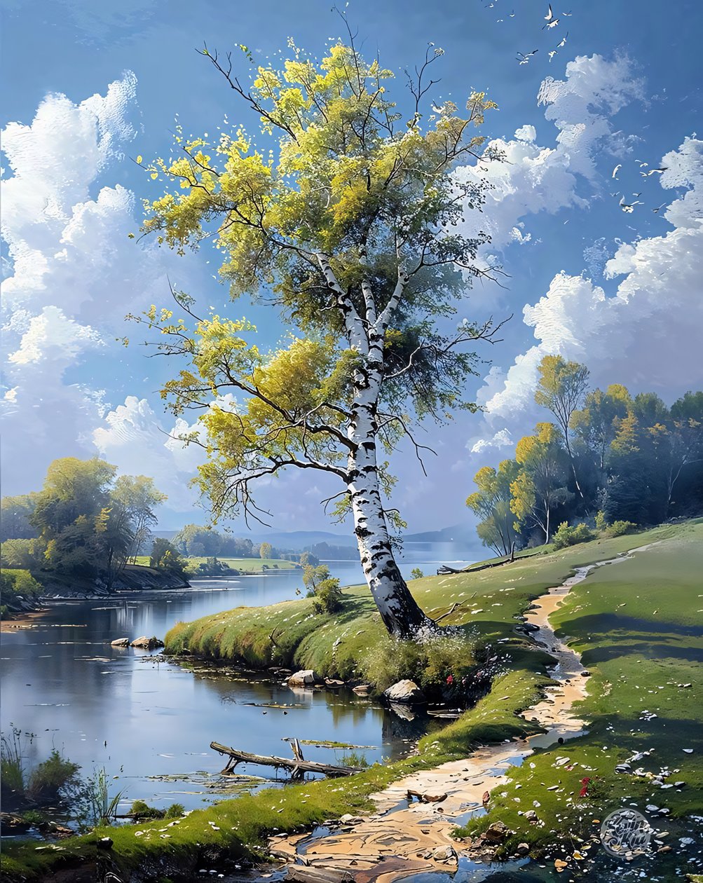 Ağaçlar ve nehir, ufka uzanan sakin su yüzeyi, Manzara by F. Abderrahim