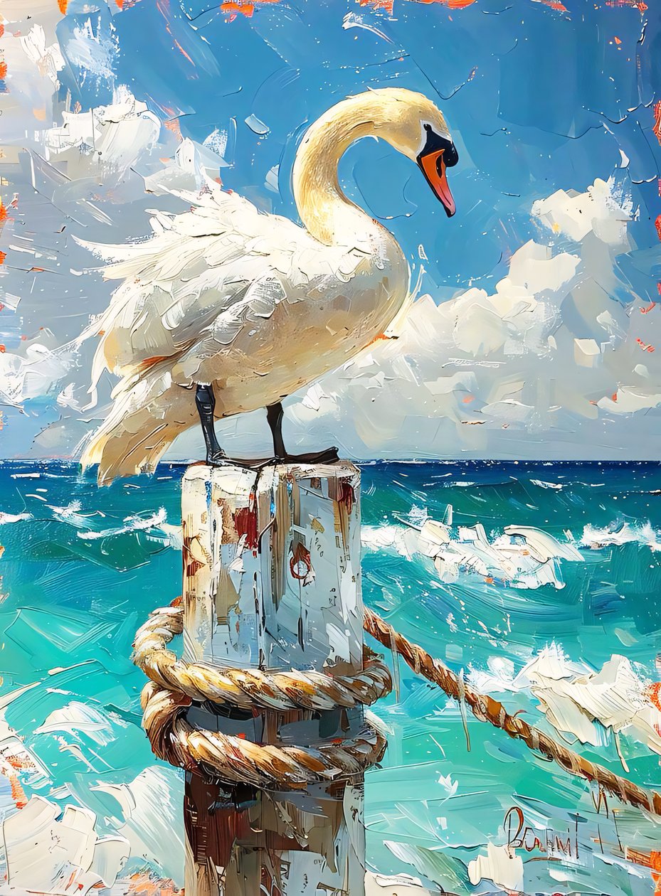 Beyaz göçmen kuş, deniz kenarında kazlar, mavi renkler, duvar dekor fikirleri by F. Abderrahim