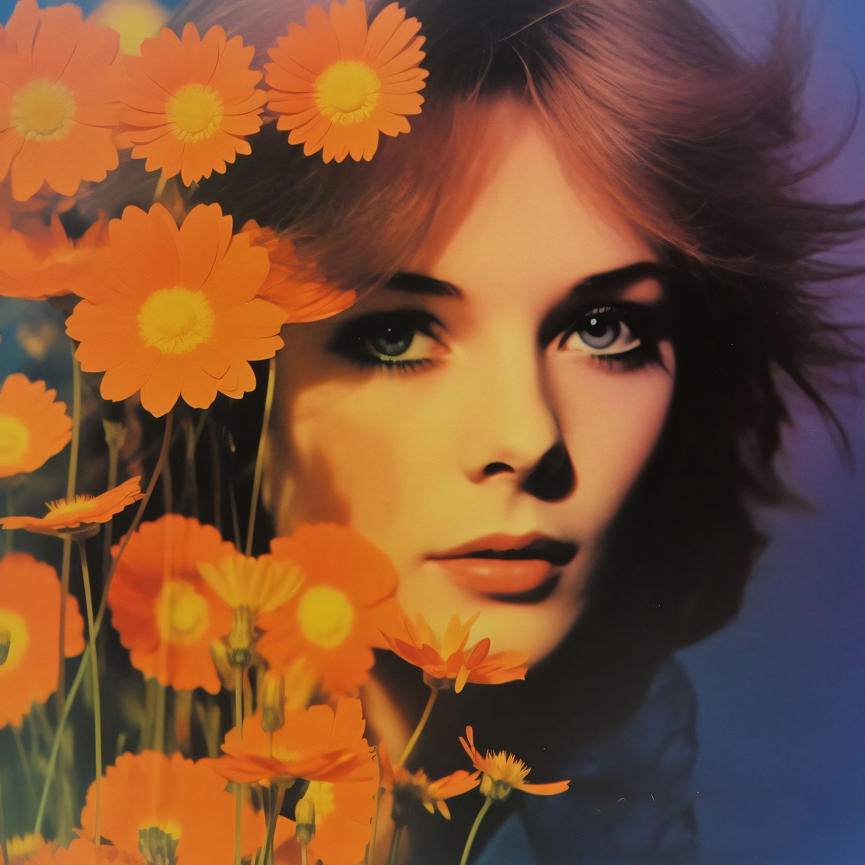 Vintage Kadın Portresi ve Çiçekler, Retro Çiçek Vizyonu, online sanat baskıları by F. Abderrahim