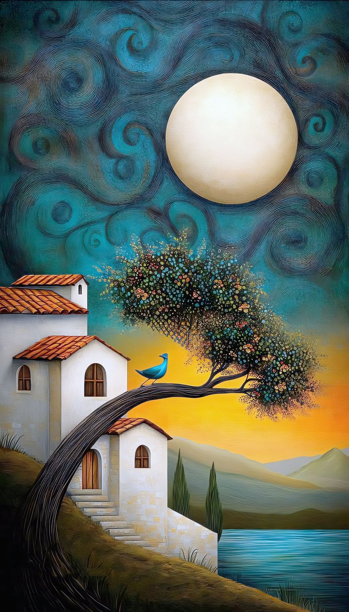 Naif Yaz Keyfi Kırsalda Büyüleyici Kır Evi, kanvas tablo by F. Abderrahim