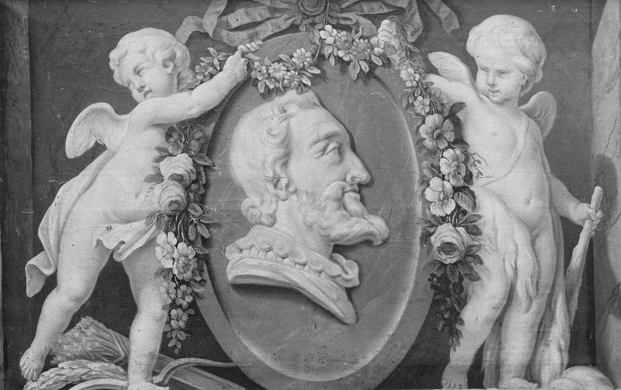 İki aşk tanrısı tarafından desteklenen mavi zeminli oval madalyonlu Henri IV büstü, 18. yüzyıl. by 18th century . French Painter
