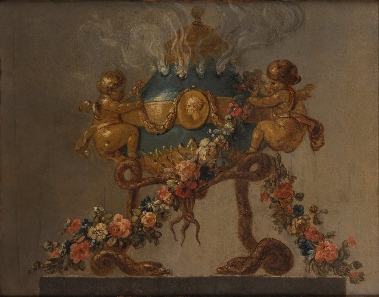 Amorini ve yılanlarla desteklenen ve çiçeklerle süslenmiş parfüm brülörü, 18. yüzyıl. by 18th century . French Painter