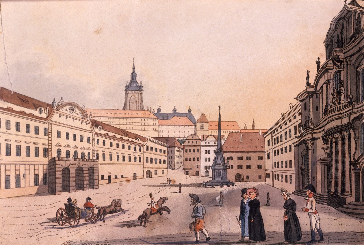 Yukarı Malostranské (Küçük Mahalle) Meydanı, Prag, c.1810 (renkli gravür) by A. and Berka, Johann Gustav