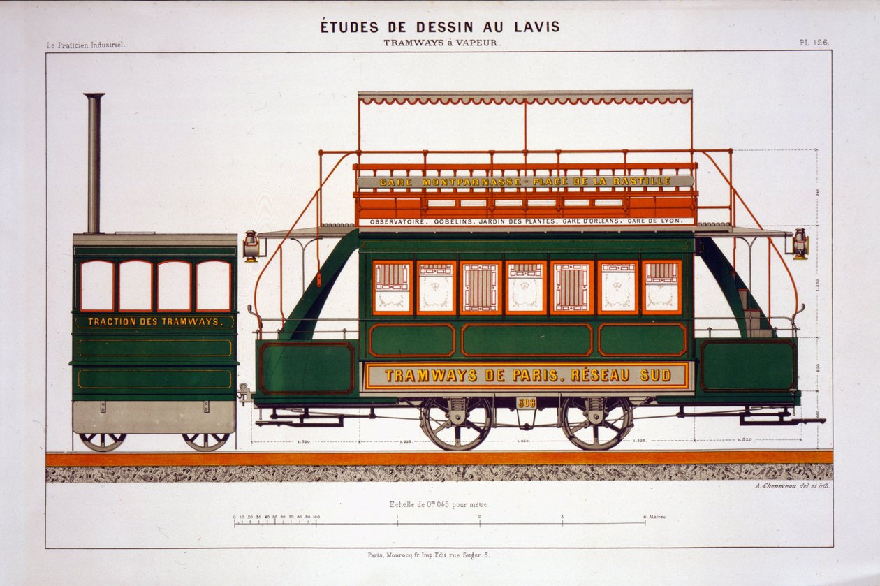 Bir Buharlı Tramvay Tasarımı, Endüstriyel Uygulayıcıdan 126 numaralı plaka, sanatçı tarafından oyulmuş by A. Cheneveau