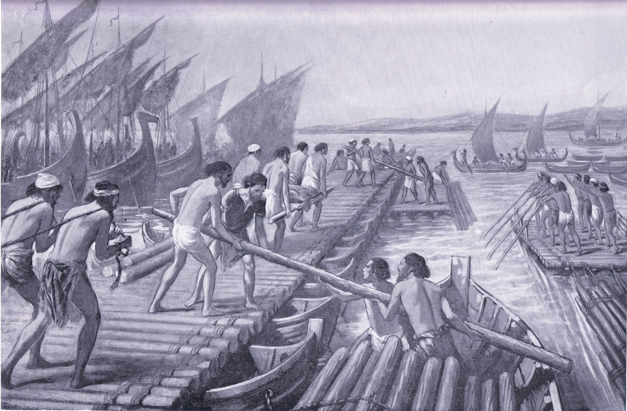 Fenikeli denizciler tarafından teknelerin ArtaXerxes Köprüsü inşaatı by A.C. Weatherstone