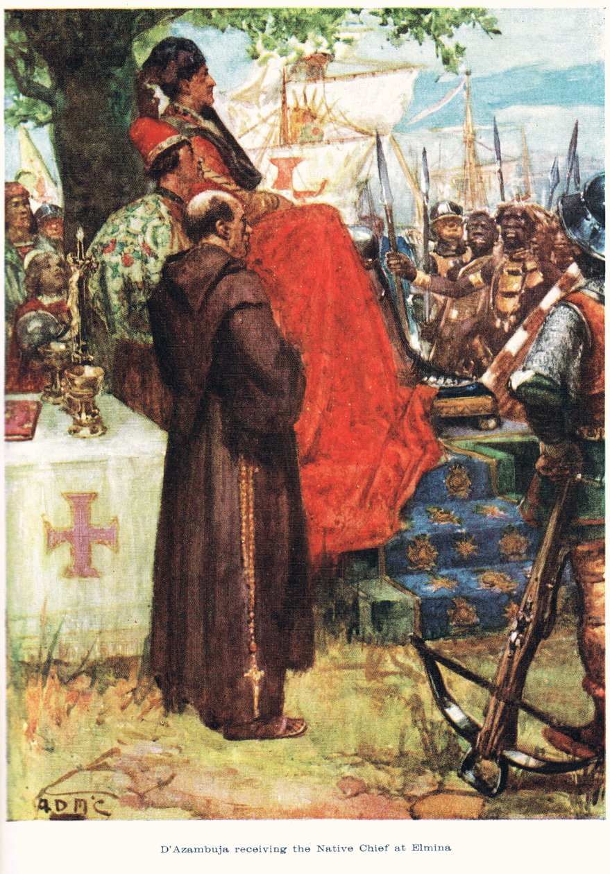 D'Azambuja, Elmina'da yerli şefi kabul ederken, Jack tarafından 1921'de yayınlanan 'Altın Ticaret Ülkesi'nden bir çizim by A.D. McClintock