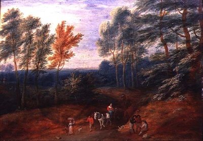 Bir Saman Arabasında Gezginlerin Olduğu Ormanlık Bir Manzara (panelde yağlı boya) by A.F. and Bouts P. Boudewyns