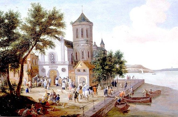 Kilise meydanında figürlerle kıyı manzarası by A.F. and Bouts P. Boudewyns