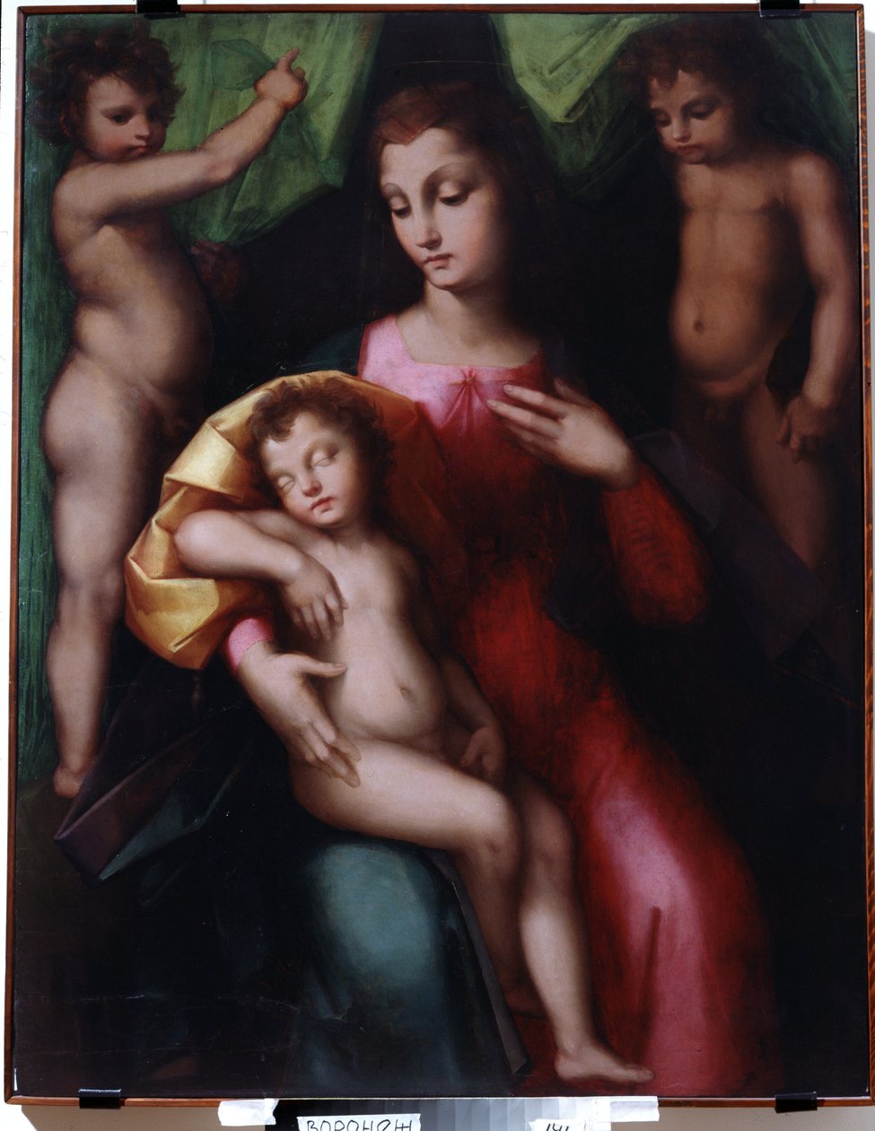 ""İki Melekle uyuyan Mesih çocuğuna tapan Bakire"" (İki Melekle uyuyan Mesih çocuğuna tapan Bakire) Brescianino olarak bilinen Andrea Piccinelli (1485-1525