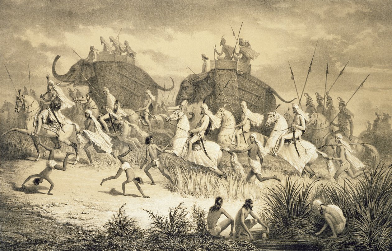 Louis Henri de Rudder (1807-81) pub tarafından kazınmış 'Hindistan'da Yolculuk'tan Filler Üzerine Sih Şeflerinin Süvarileri. Londrada by A. (after) Soltykoff