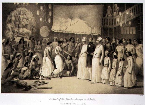 Louis Henri de Rudder (1807-81) pub tarafından oyulmuş 'Hindistan'da Yolculuk'tan Kalküta'daki Tanrıça Dourga Festivali. Londrada by A. (after) Soltykoff