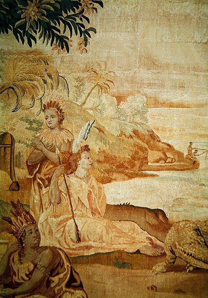 Amerika, dünyanın dört bir yanından bir duvar halısından, arka plandan iki figürün detayı (184003 detayı) by A. Baertams
