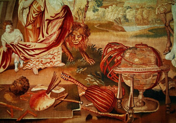Avrupa, dünyanın dört bir köşesinden bir goblen, sağ alt taraftaki müzik aletlerinin detayı, 18. yüzyılın başı by A. Baertams