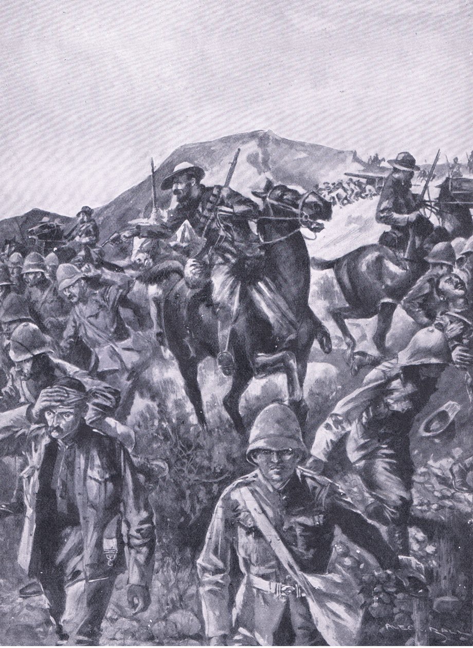 Boers bir deniz silahını çıkarırken İngiliz mahkumlar bir ekran olarak araya girdi, Harmsworth Bros Limited tarafından yayınlanan After Pretoria: The Guerilla War, 1901 by A. C. Ball