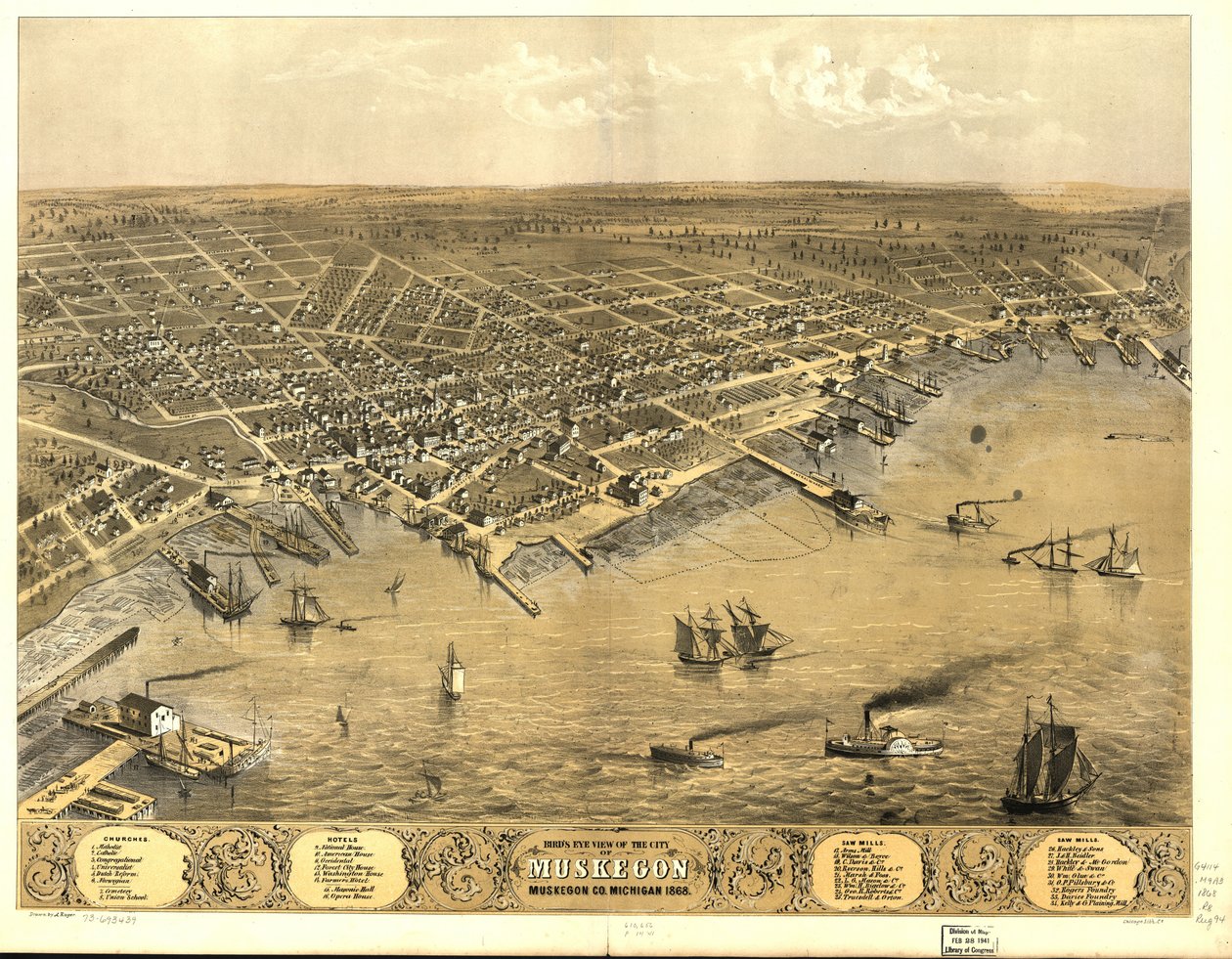Muskegon şehrinin kuşbakışı görünümü, Muskegon Co., Michigan 1868. by A.; Chicago Lithographing Co. Ruger