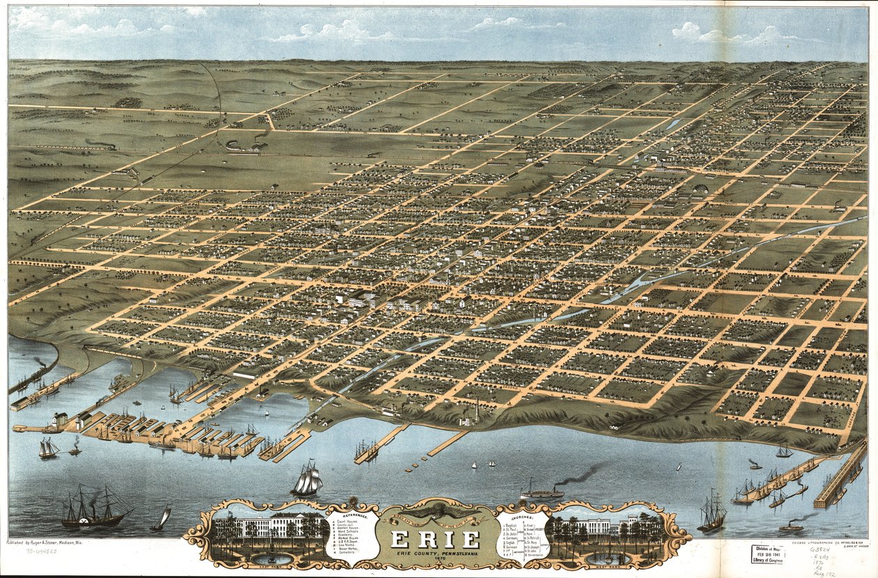 Erie şehrinin kuşbakışı görünümü, Erie County, Pensilvanya 1870. by A. Chicago Lithographing Co. Ruger and Stoner Ruger