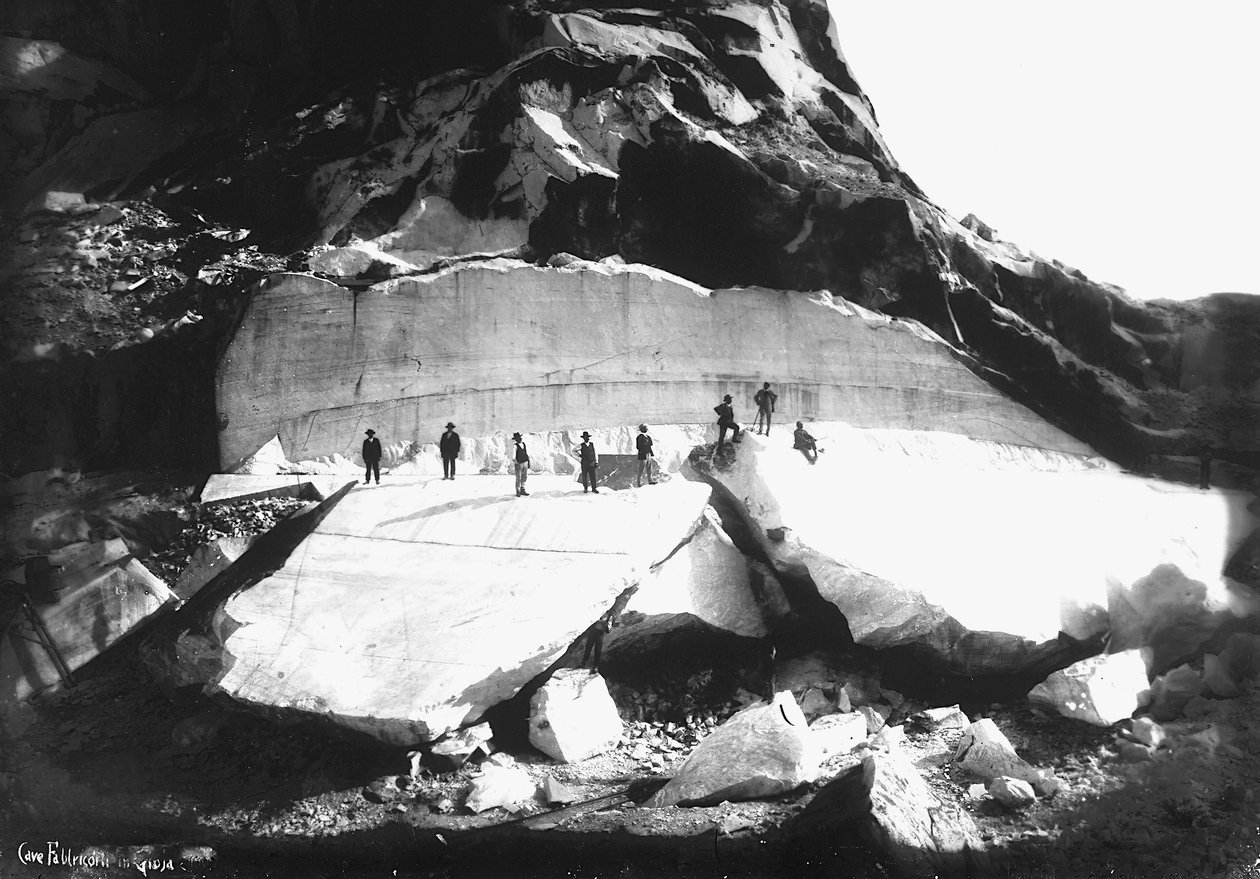 Several men on a visit to the "Fabbricotti in Gioja" quarries in the Apuan Alps, in Tuscany (b/w photo) by A. Corsini