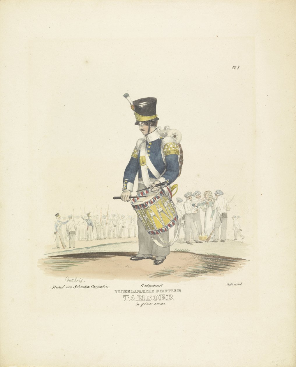 Tam Üniforma Davulcu Büyük Elbiseli Davulcu, 1820-1825 Hollanda Piyade. Büyük kıyafetli davulcu (nesne üzerindeki başlık) Hollanda Krallığı'nın askeri kostümleri. Ekselansları Willem van Bylandt'a ithaf edilmiştir (nesnedeki dizi başlığı by A. Courtois
